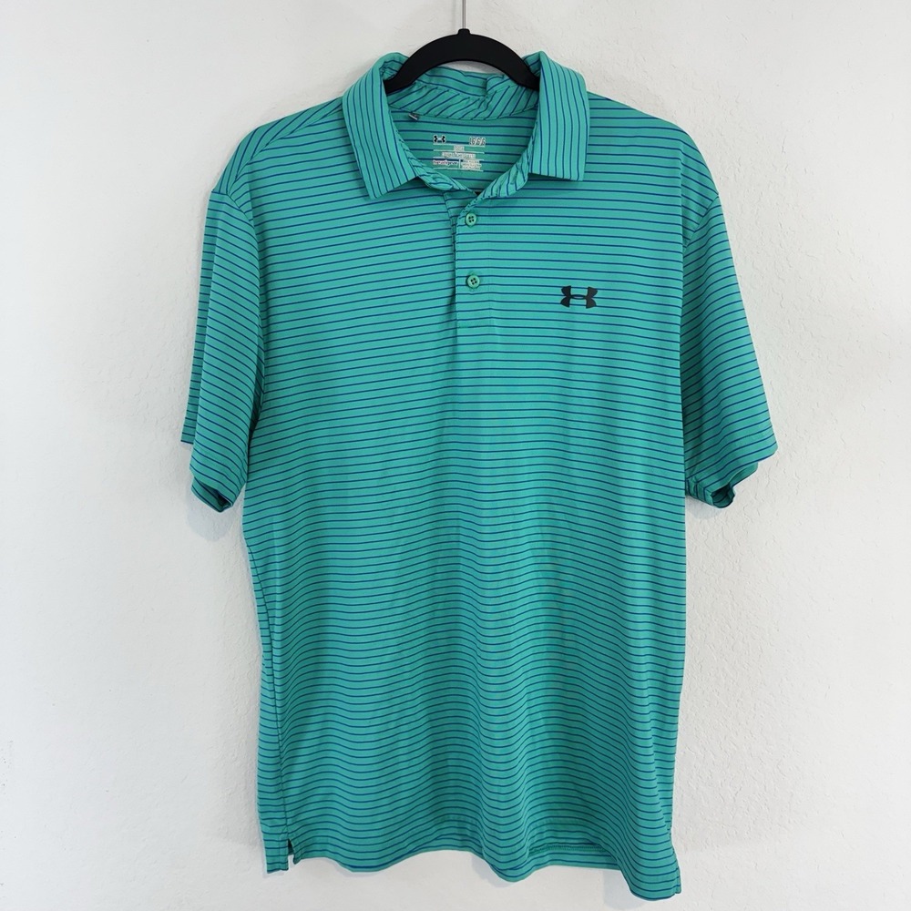 Under Armour Heat Gear Loose Striped Golf Polo Mint Green 4Way Stretch Men L
